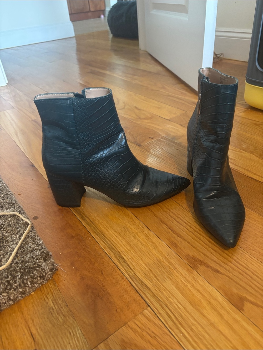 Black Croc-Embossed Pointed Toe Ankle Boots